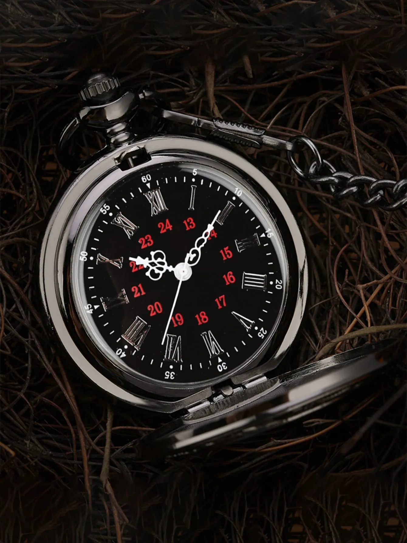 Men Engraved Quartz Pocket Watch - Black