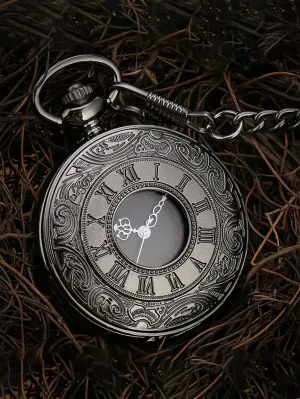 Men Engraved Quartz Pocket Watch - Black