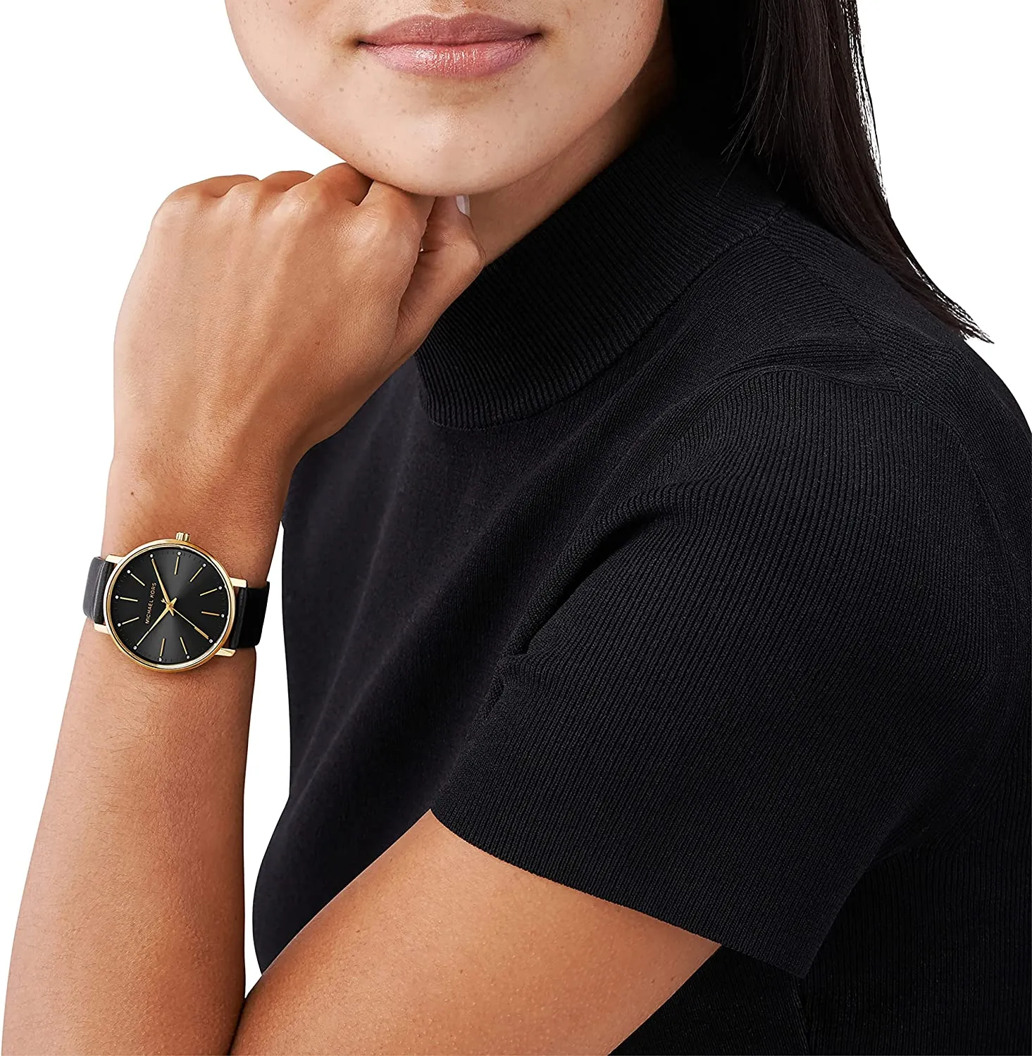 Michael Kors Women's Pyper Stainless Steel Quartz Watch with Leather Strap, Gold/Black, 18
