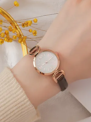 Minimalist Round Pointer Quartz Watch - Coffee Brown