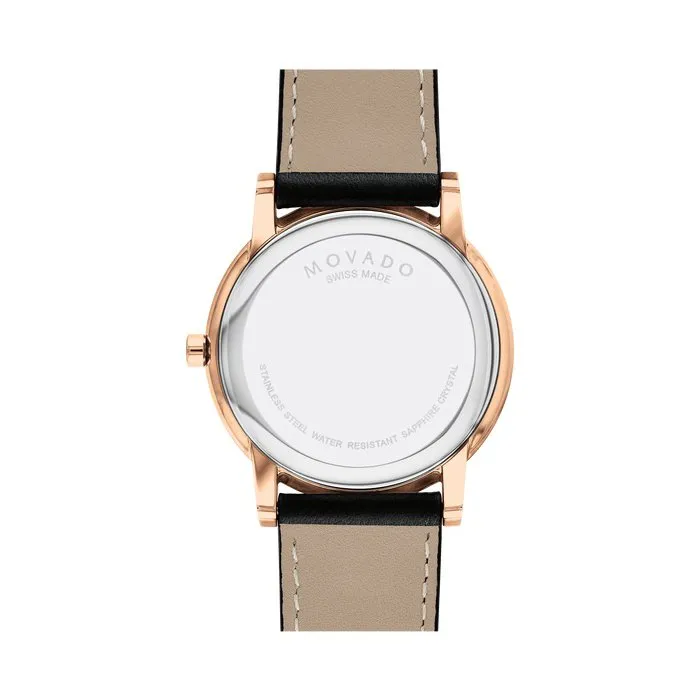 Movado Museum Classic Mens Rose Tone Black Dial Black Leather Strap Watch