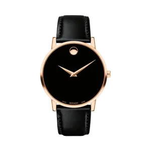 Movado Museum Classic Mens Rose Tone Black Dial Black Leather Strap Watch