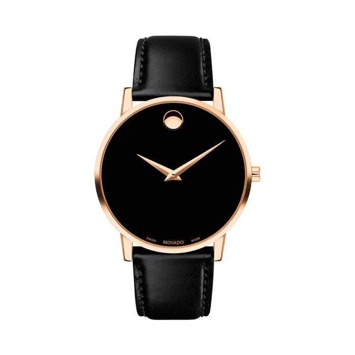 Movado Museum Classic Mens Rose Tone Black Dial Black Leather Strap Watch