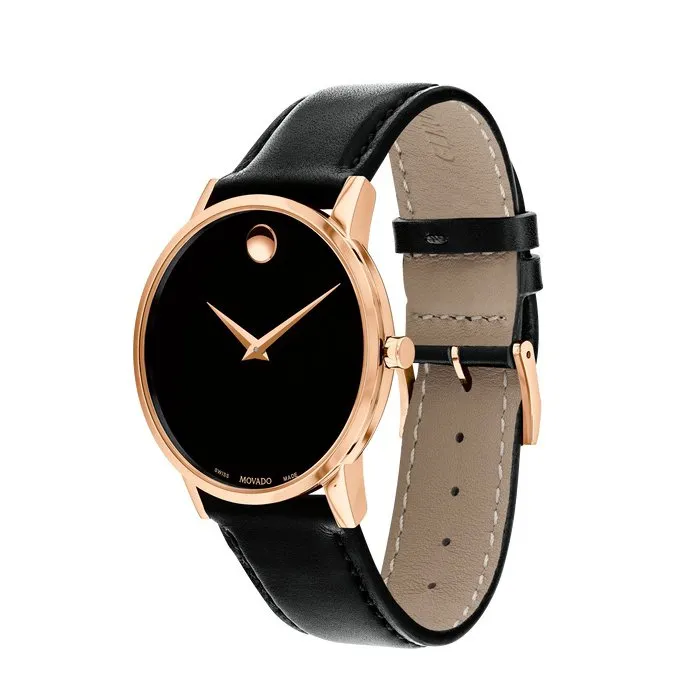 Movado Museum Classic Mens Rose Tone Black Dial Black Leather Strap Watch