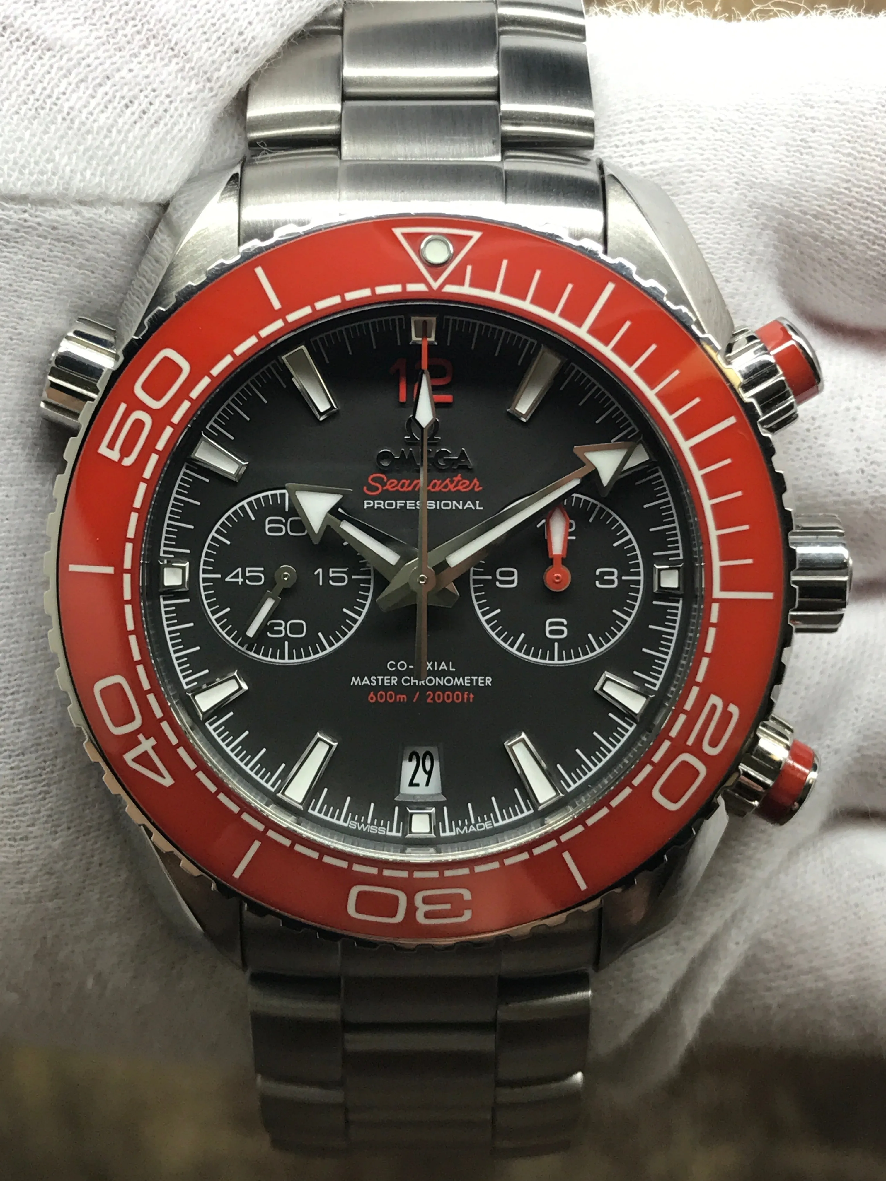 Omega Seamaster Planet Ocean Chronograph Orange Ceramic Bezel 215.30.46.51.99.001 Grey Dial Automatic Men's Watch