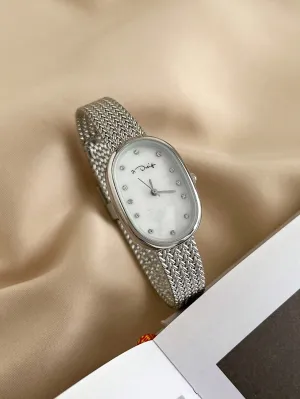 Oval Silver Shell Woven Mesh Strap Waterproof Quartz Watch- FD ⚡
