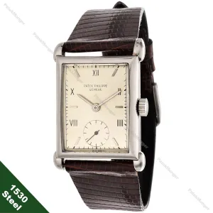 Patek Philippe 1530A Vintage Stainless Steel Rectangular Watch with Tear Drop Lugs, Circa 1948