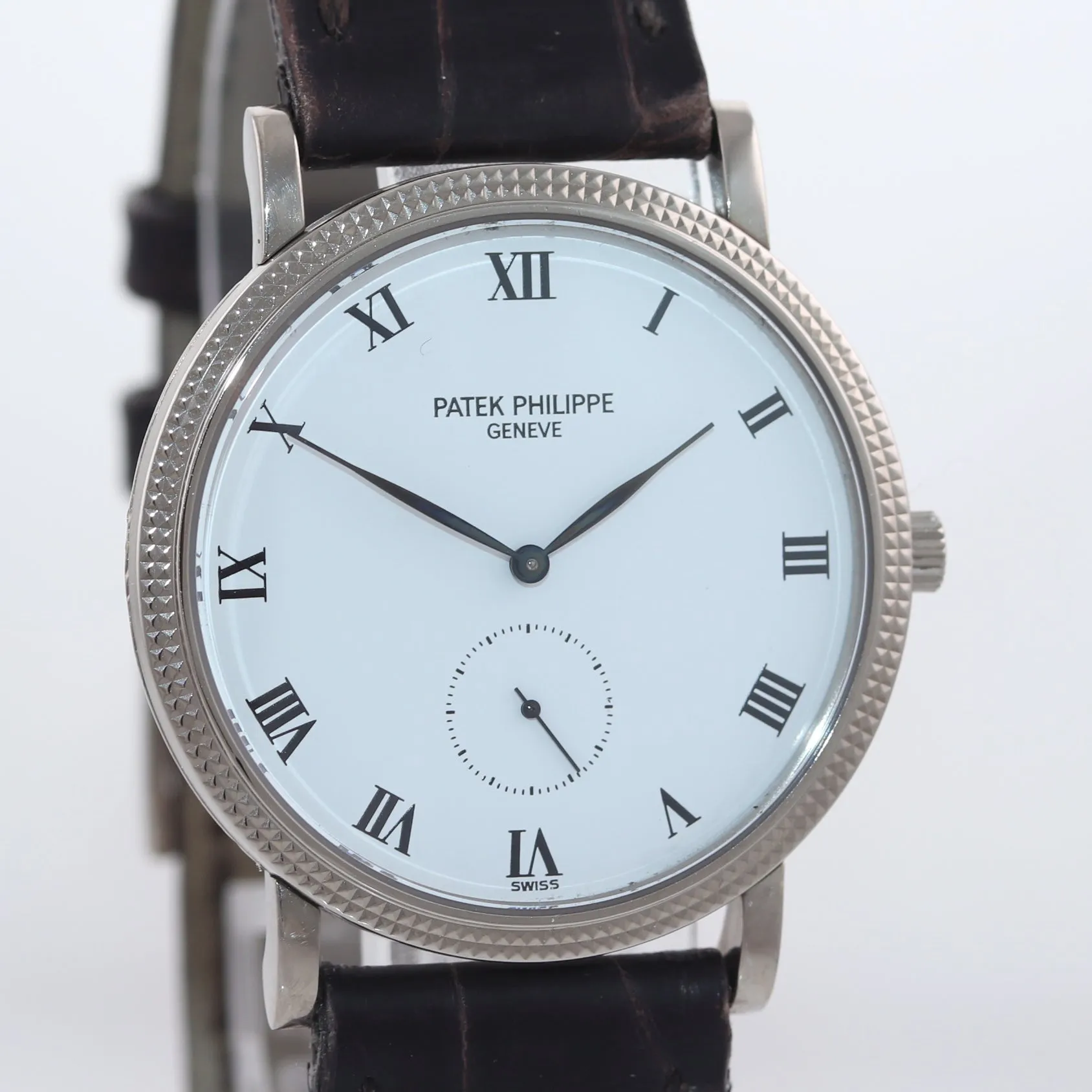 Patek Philippe Calatrava 18k White Gold 3919G Hobnail White Roman Leather Watch