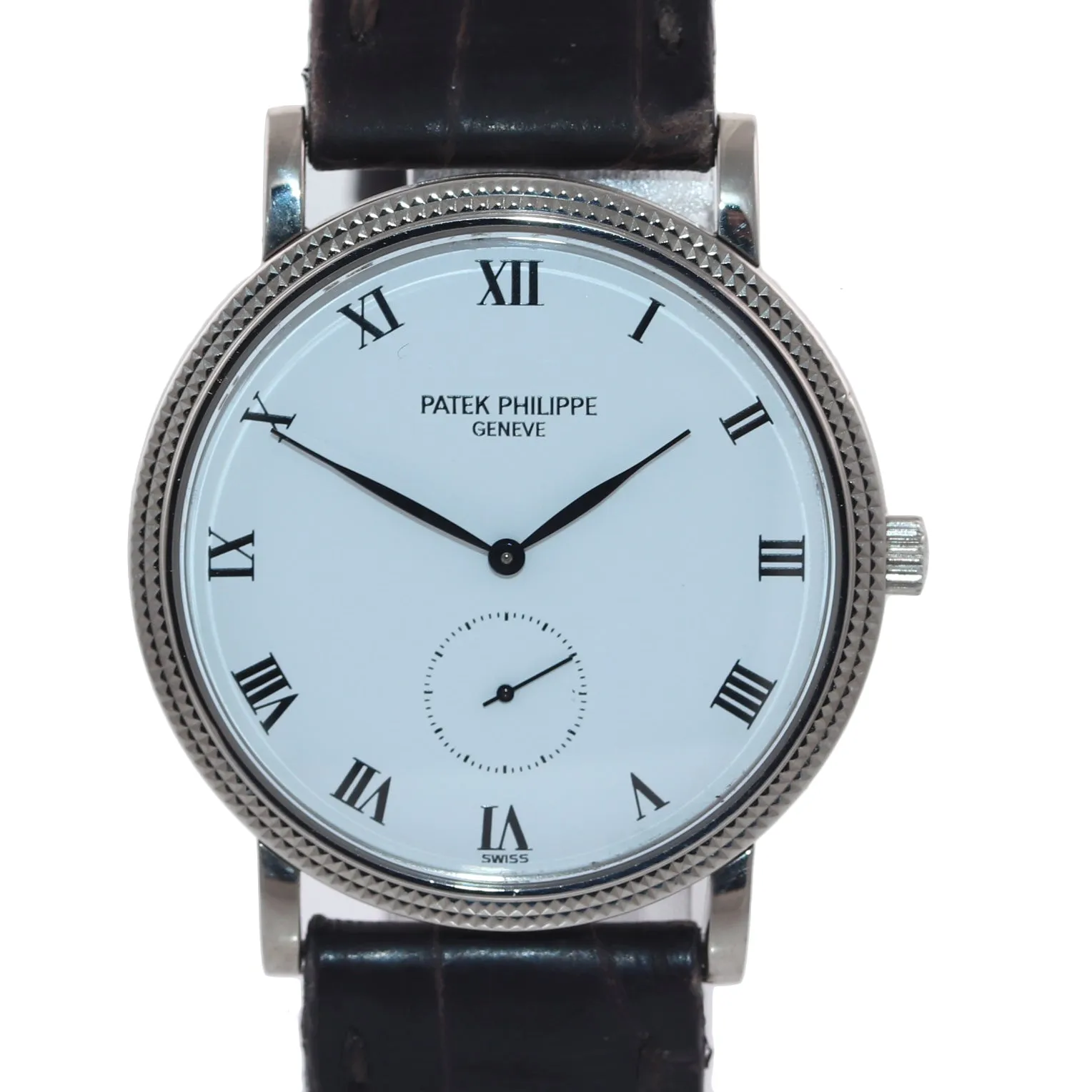 Patek Philippe Calatrava 18k White Gold 3919G Hobnail White Roman Leather Watch