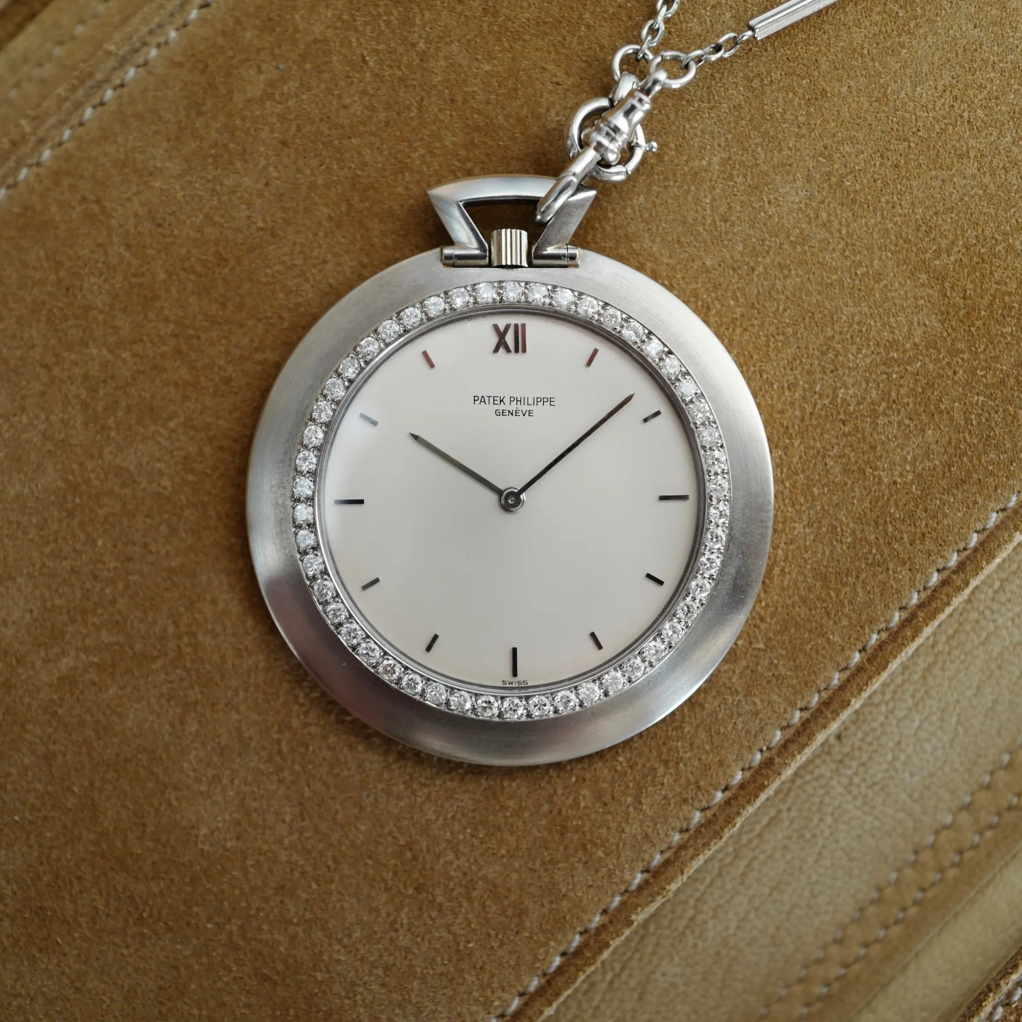 Patek White Gold Pocket Watch with Diamond Bezel (New Arrival)