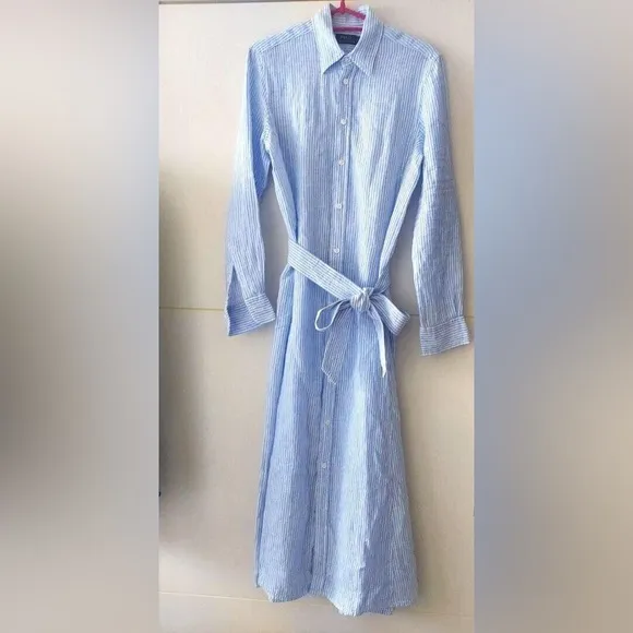 Polo Ralph Lauren Women’s Blue &amp; White Striped Belted Shirtdress 10