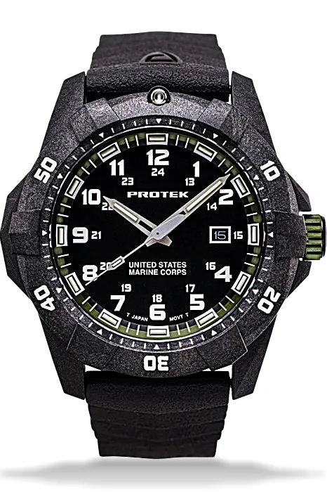 Protek Official United States Marine Corps Watch, 300 meters WR, Tritium, Green Accents, Black Rubber Strap, 1015