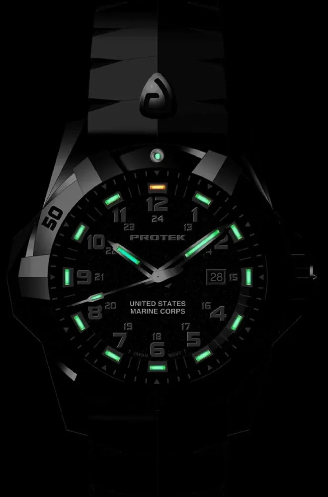 Protek Official United States Marine Corps Watch, 300 meters WR, Tritium, Green Accents, Black Rubber Strap, 1015
