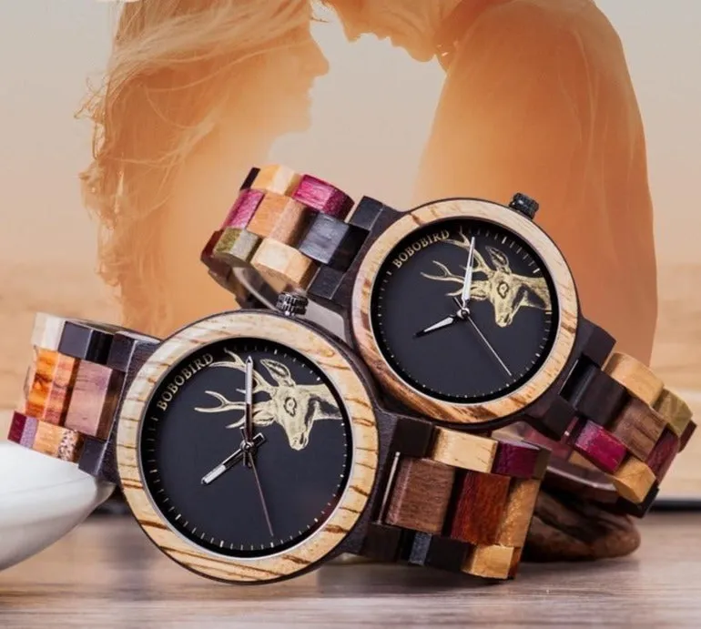 Quartz Engraving Wooden Women men lovers couple Watches in Wood Box