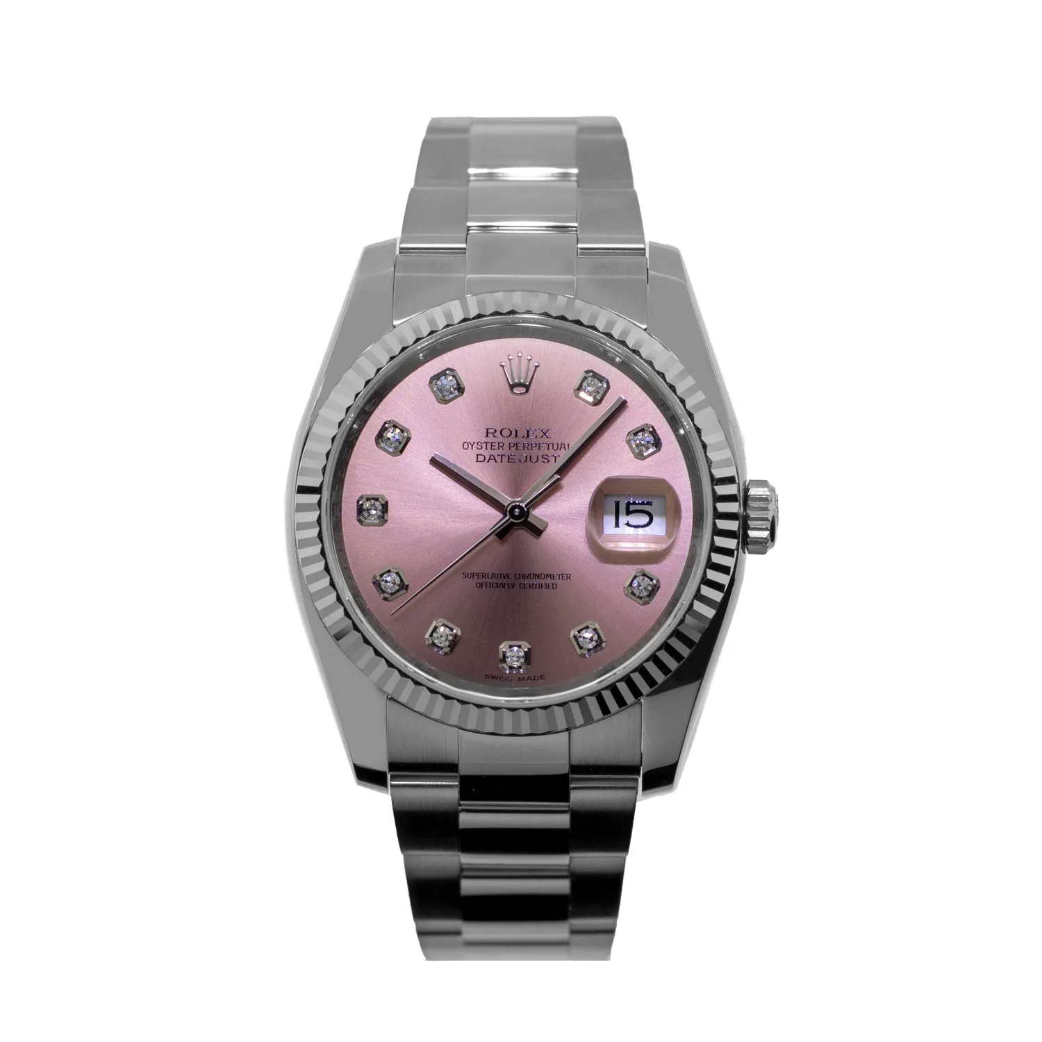 Rolex Datejust 36mm White Gold & Steel Pink Diamond Dial & Fluted Bezel 116234