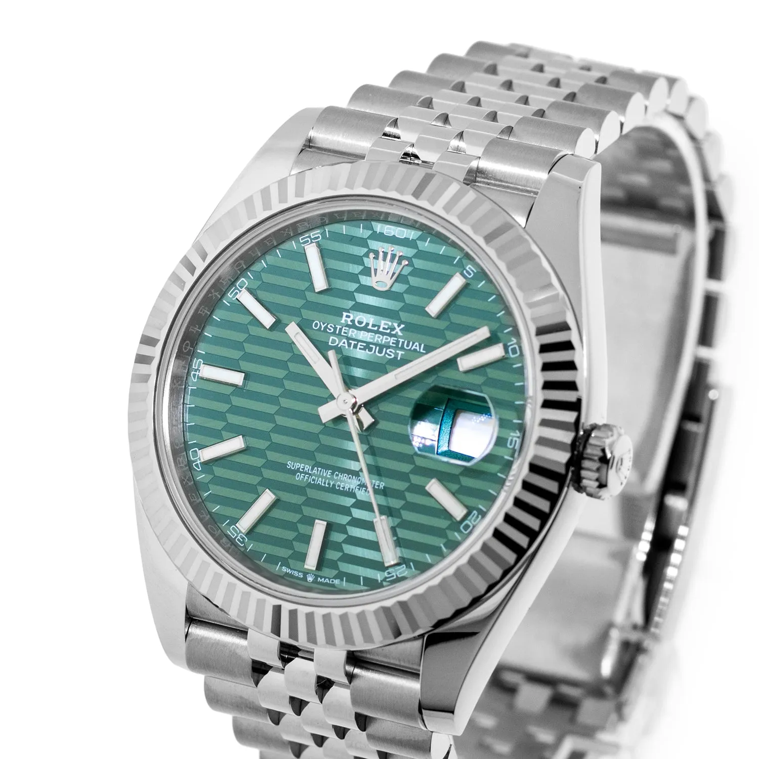 Rolex Datejust II 41mm Stainless Steel Green Index Motif Dial 18K White Gold Fluted Bezel 126334