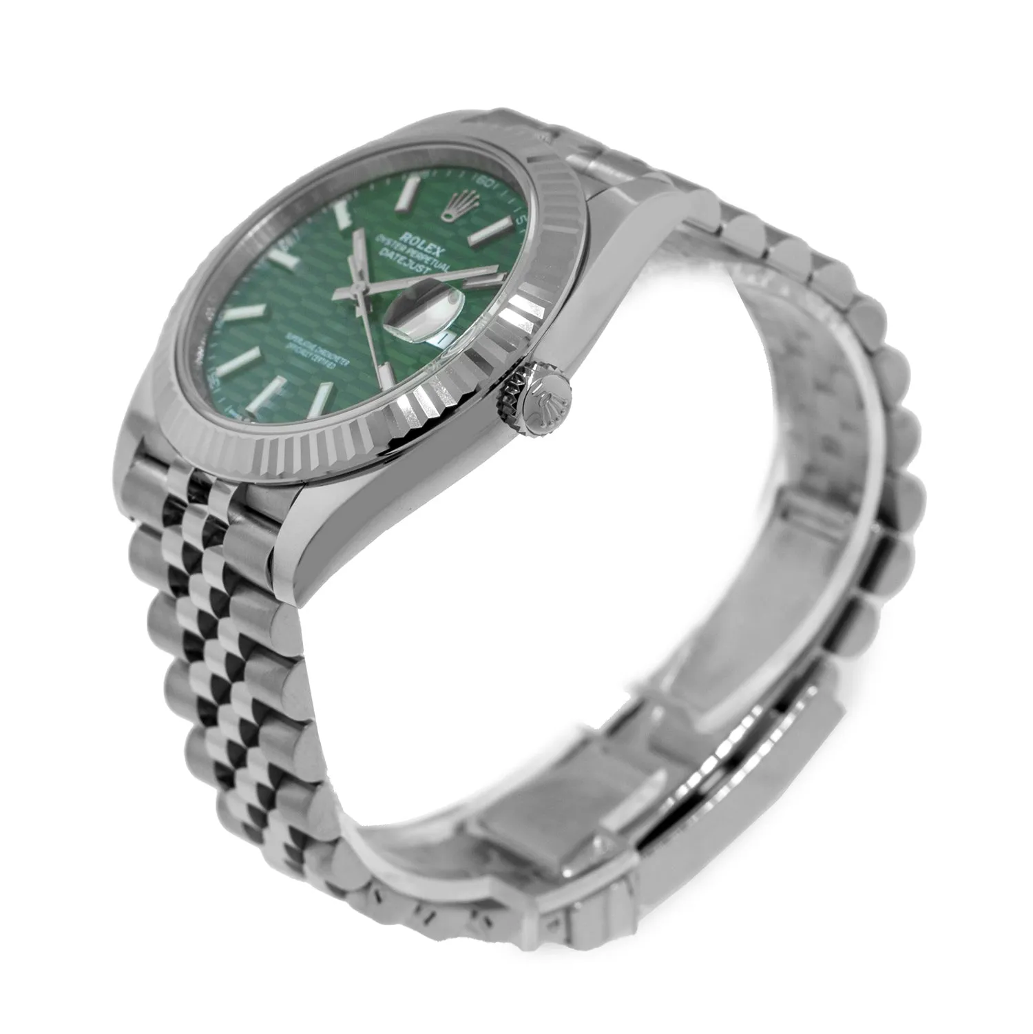 Rolex Datejust II 41mm Stainless Steel Green Index Motif Dial 18K White Gold Fluted Bezel 126334