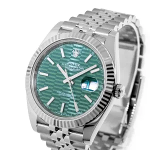 Rolex Datejust II 41mm Stainless Steel Green Index Motif Dial 18K White Gold Fluted Bezel 126334