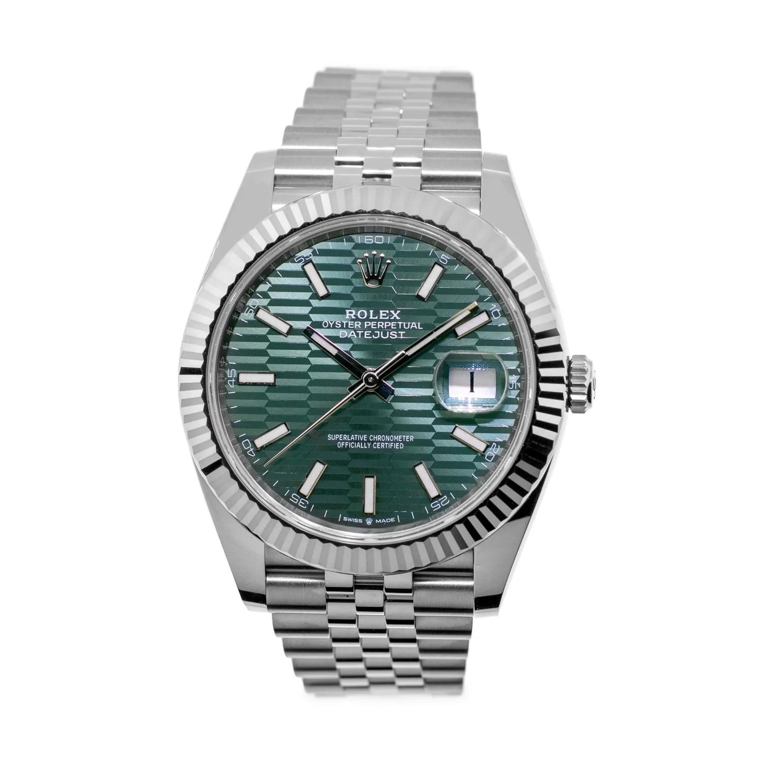 Rolex Datejust II 41mm Stainless Steel Green Index Motif Dial 18K White Gold Fluted Bezel 126334