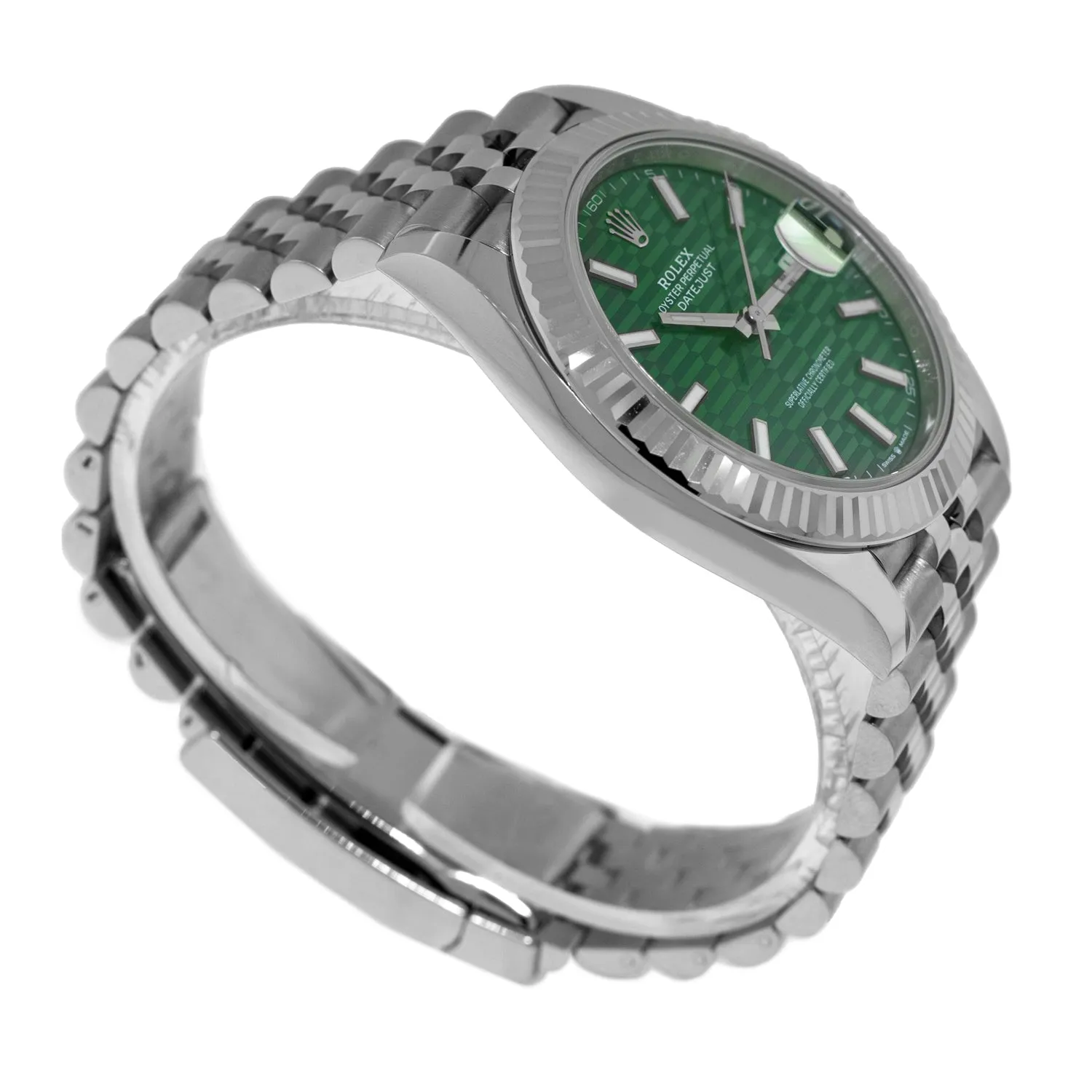 Rolex Datejust II 41mm Stainless Steel Green Index Motif Dial 18K White Gold Fluted Bezel 126334