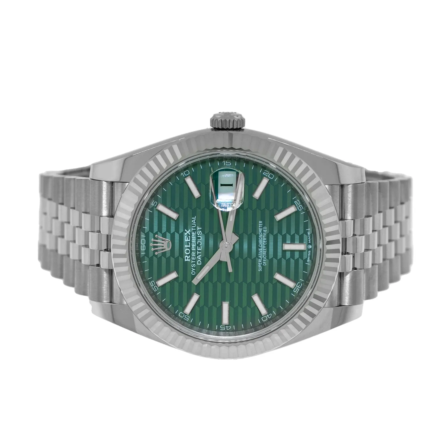 Rolex Datejust II 41mm Stainless Steel Green Index Motif Dial 18K White Gold Fluted Bezel 126334