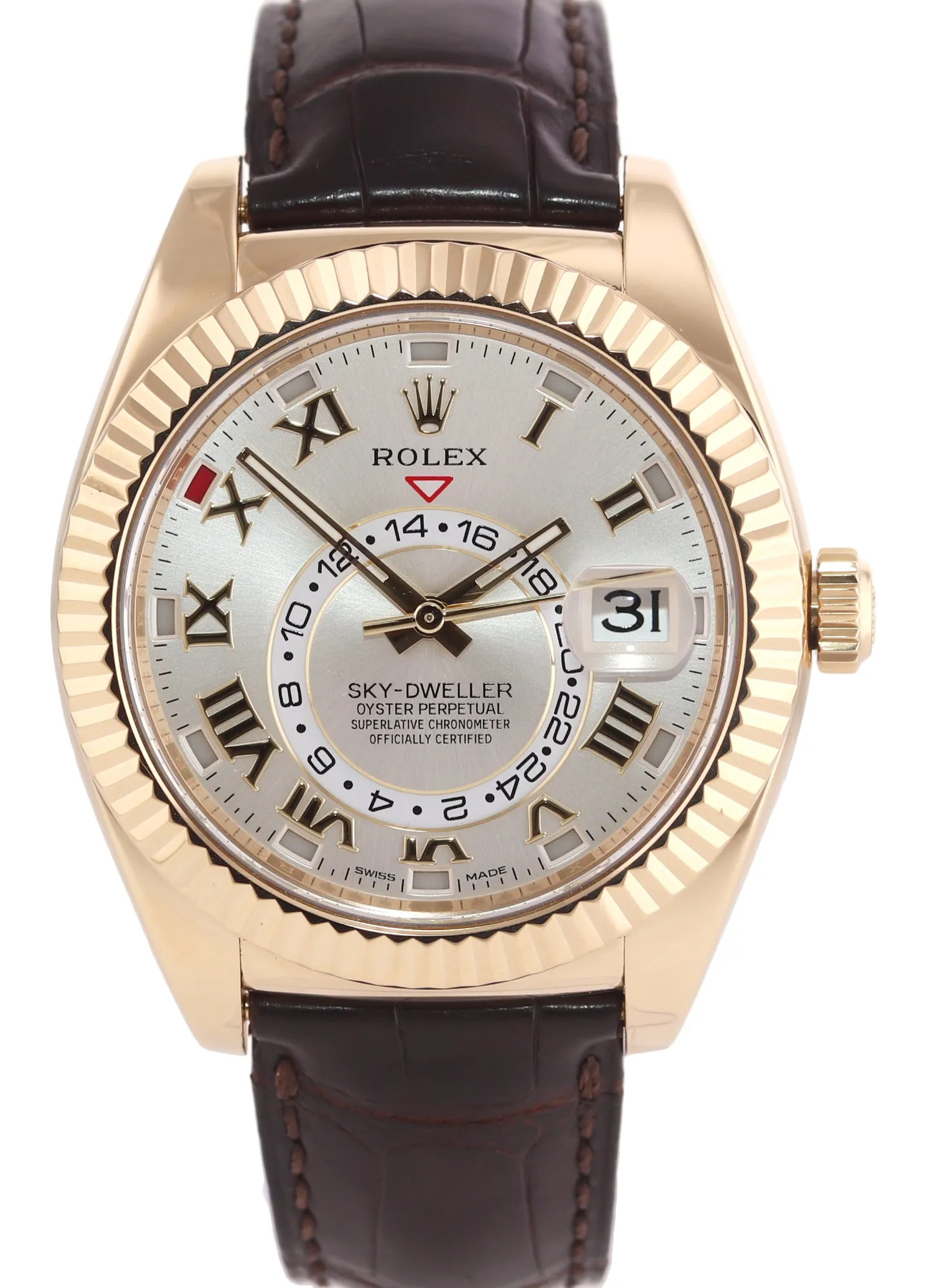 Rolex Sky-Dweller 18K Gold 326138 42mm Silver Dial Leather watch Box