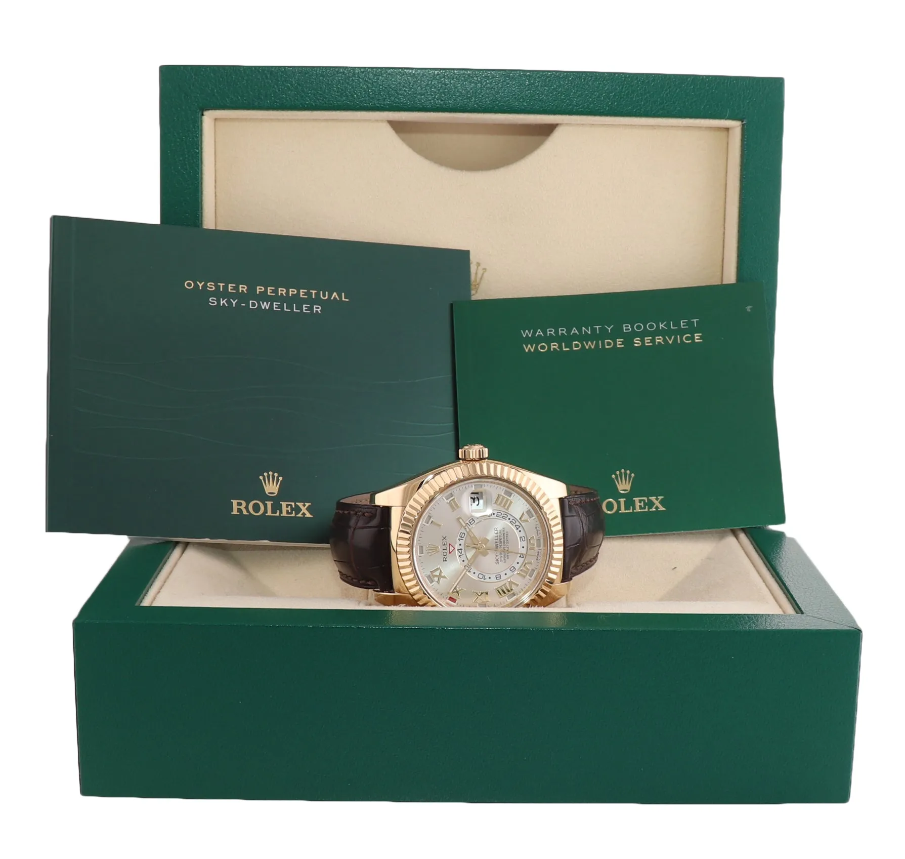 Rolex Sky-Dweller 18K Gold 326138 42mm Silver Dial Leather watch Box
