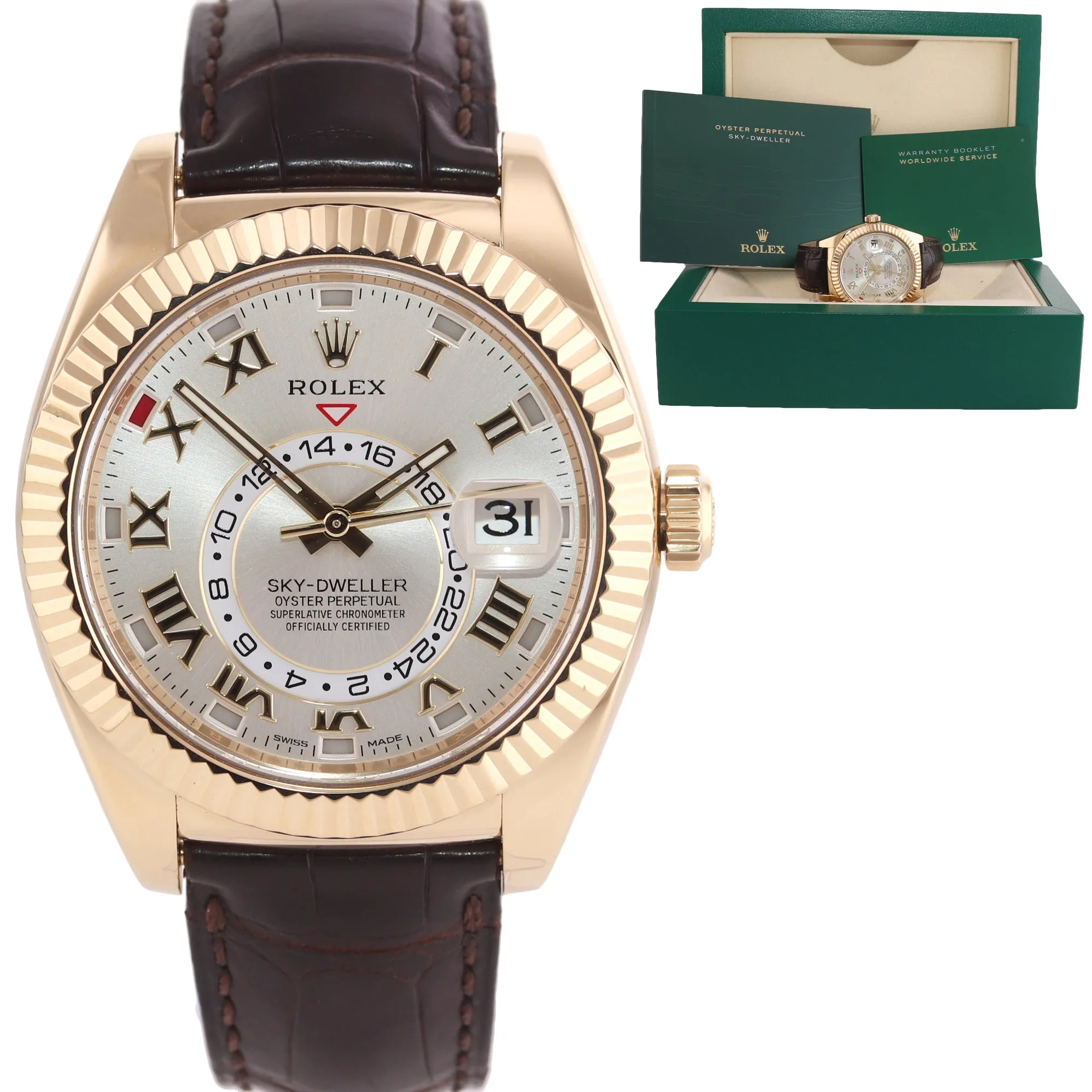 Rolex Sky-Dweller 18K Gold 326138 42mm Silver Dial Leather watch Box