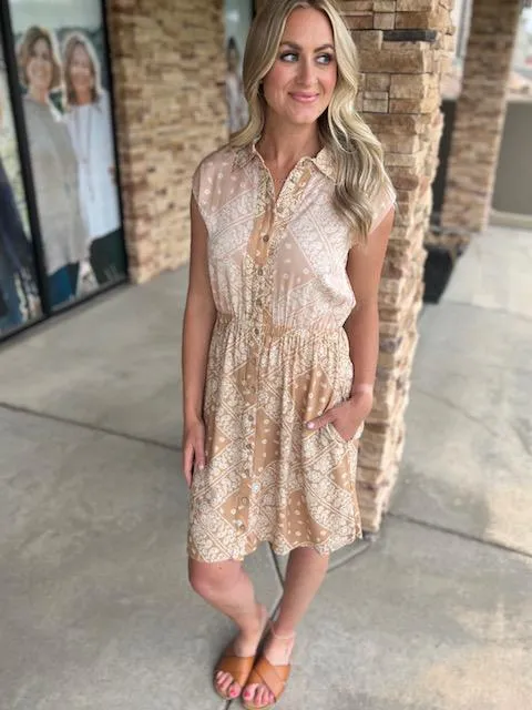 Romy Paisley Sleeveless Button Up Shirt Dress