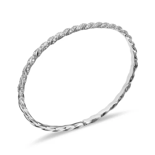 Sculpted Cable Flex Bracelet in 18K White Gold with Diamonds, 3.5mm, Size Small