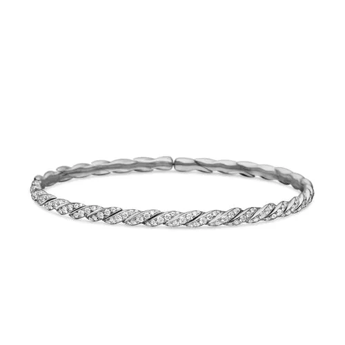 Sculpted Cable Flex Bracelet in 18K White Gold with Diamonds, 3.5mm, Size Small