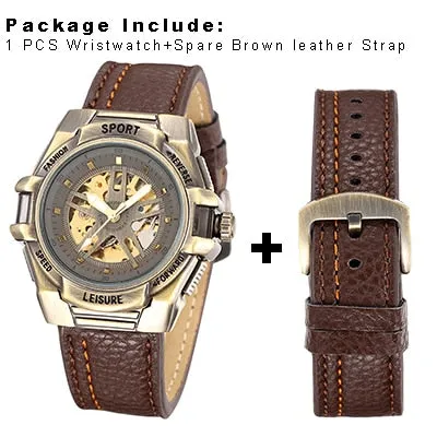SHENHUA Mens Sport Automatic Wrist Watch Steampunk Men Mechanical Transparent Skeleton Watches Vintage Male Wristwatch Clock