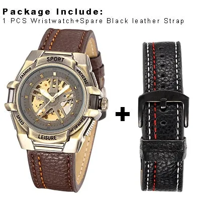 SHENHUA Mens Sport Automatic Wrist Watch Steampunk Men Mechanical Transparent Skeleton Watches Vintage Male Wristwatch Clock