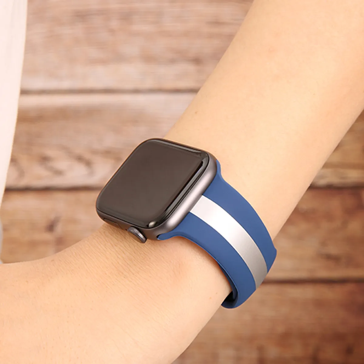 Silver Blue Striped Silicone Watch Band
