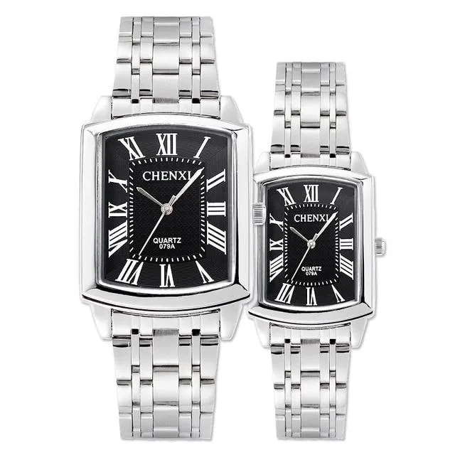 Silver Square Roman Numeral Stainless Steel Waterproof women men lovers watch