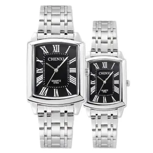 Silver Square Roman Numeral Stainless Steel Waterproof women men lovers watch