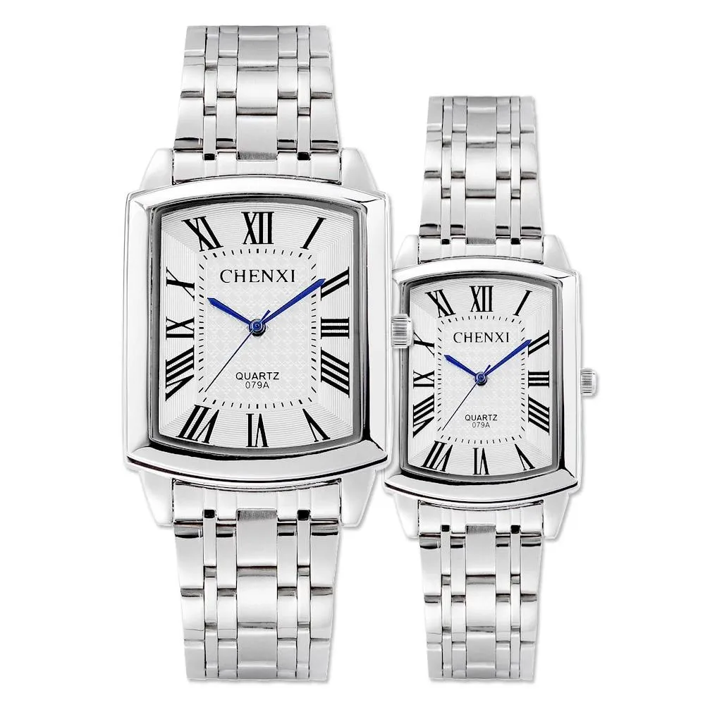 Silver Square Roman Numeral Stainless Steel Waterproof women men lovers watch
