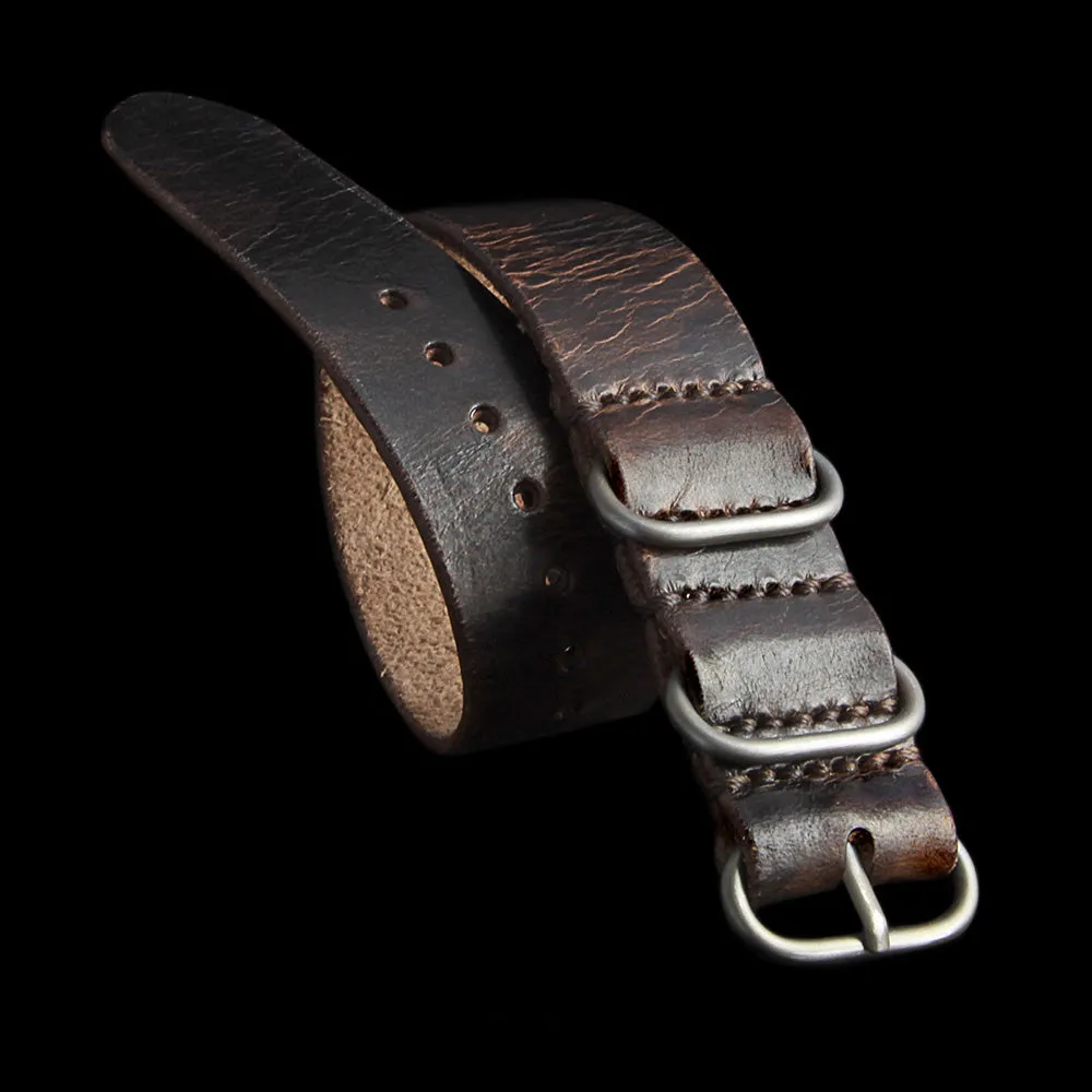 Single Pass Leather Watch Strap, 3-Ring Military 103