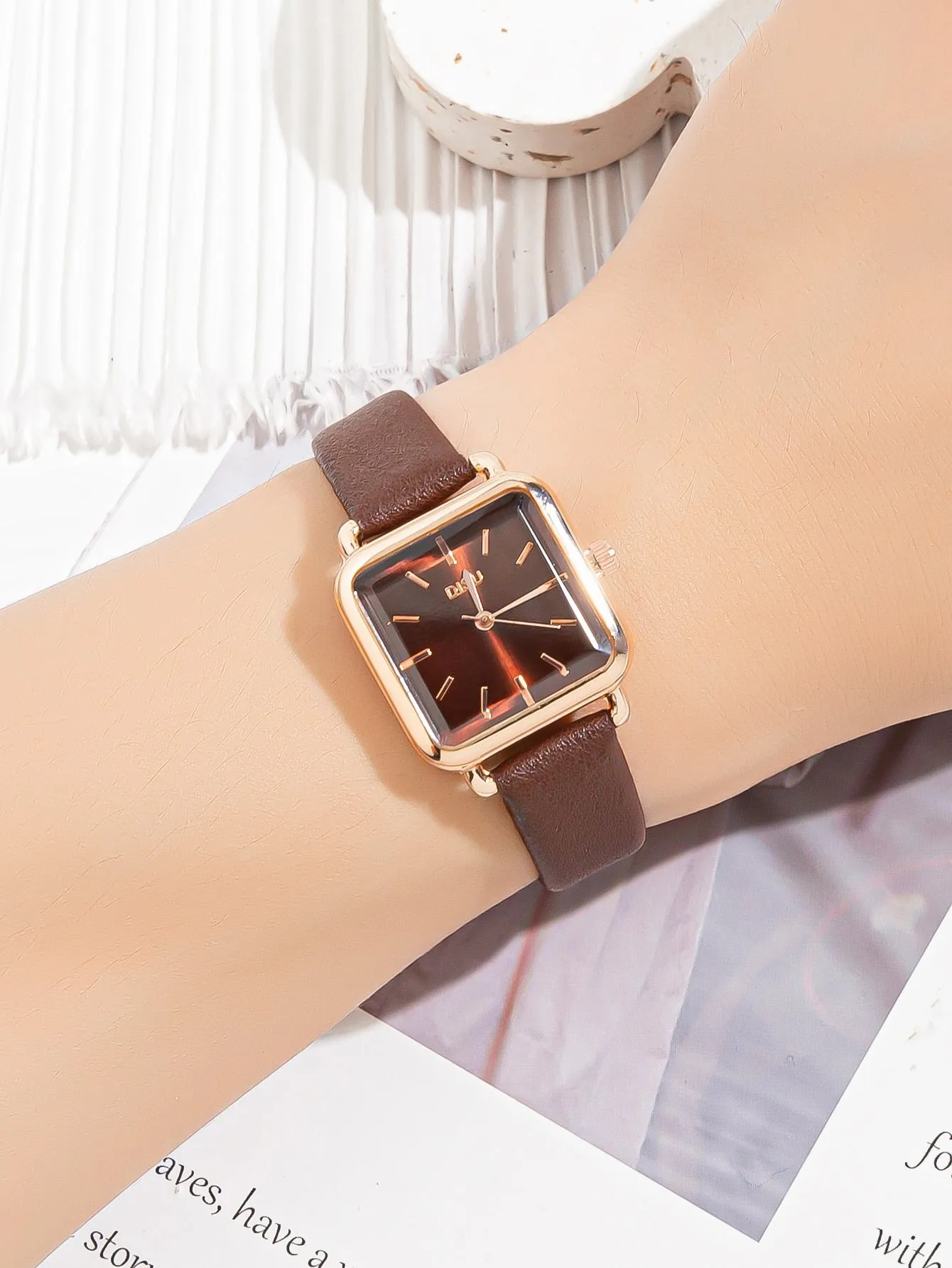 Square Pointer Quartz Watch - Brown