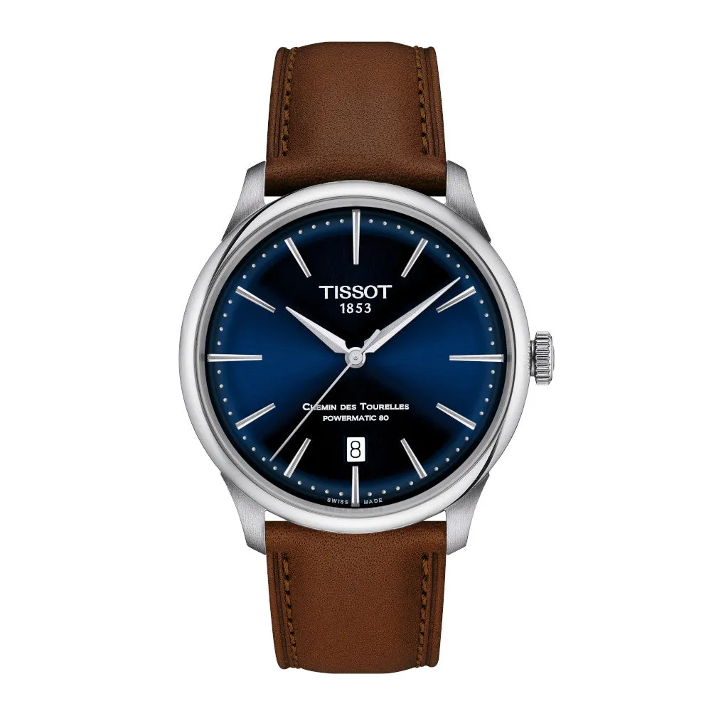 Tissot Chemin Des Tourelles Powermatic 80 (39mm) Mens Stainless Steel Blue Dial Brown Leather Strap Watch