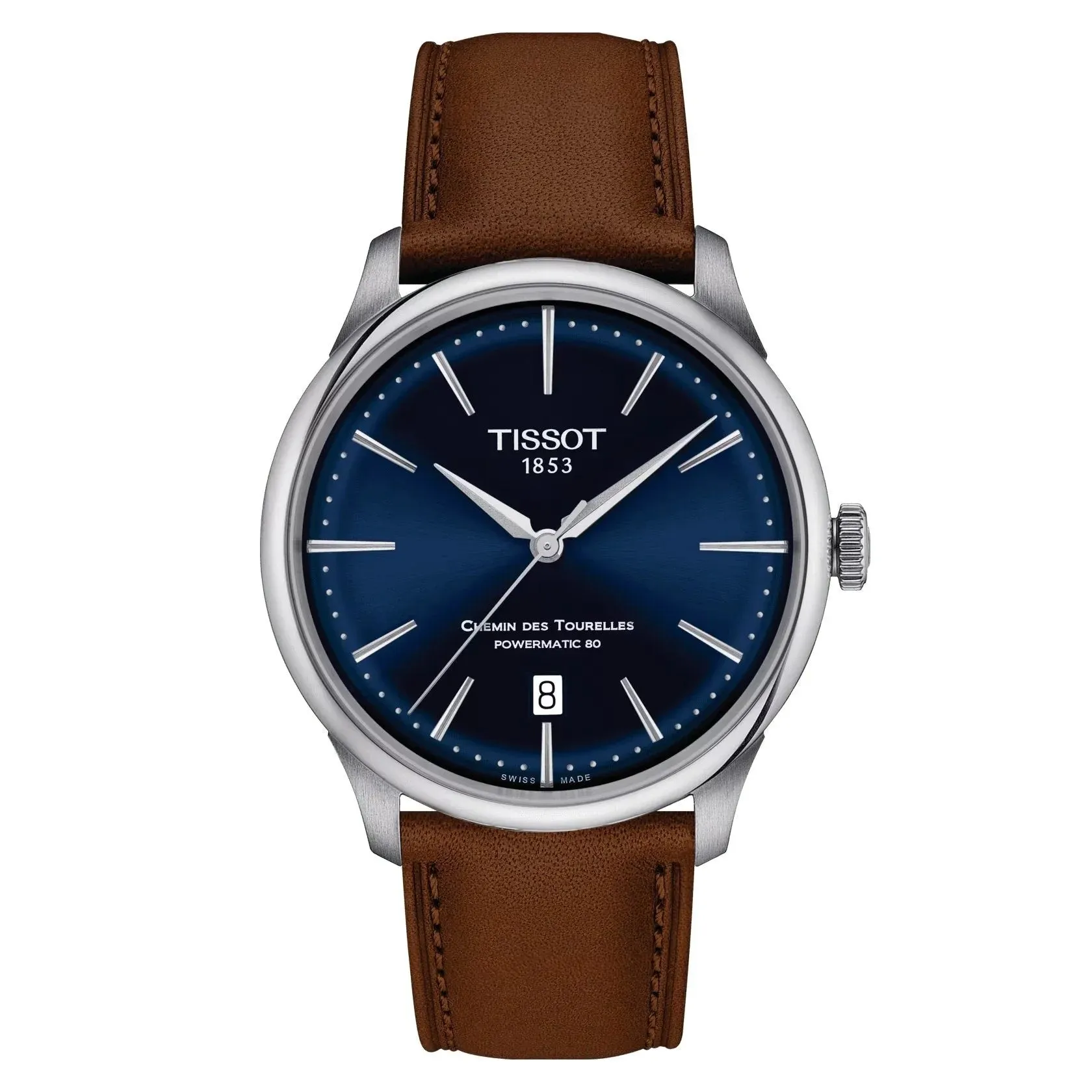 Tissot Chemin Des Tourelles Powermatic 80 (39mm) Mens Stainless Steel Blue Dial Brown Leather Strap Watch