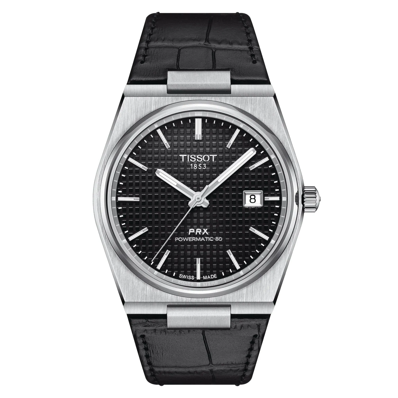 Tissot PRX Powermatic 80 Mens Stainless Steel Black Dial Black Leather Strap Watch