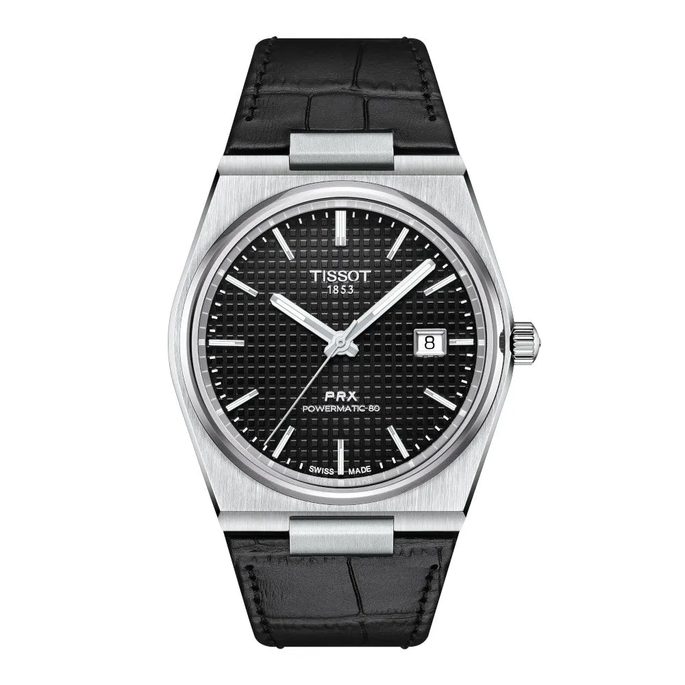 Tissot PRX Powermatic 80 Mens Stainless Steel Black Dial Black Leather Strap Watch