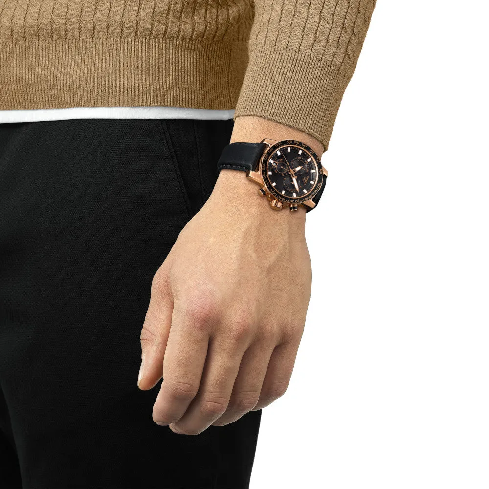 Tissot Supersport Chronograph Mens Rose Tone Black Dial Black Leather Strap Watch