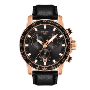 Tissot Supersport Chronograph Mens Rose Tone Black Dial Black Leather Strap Watch