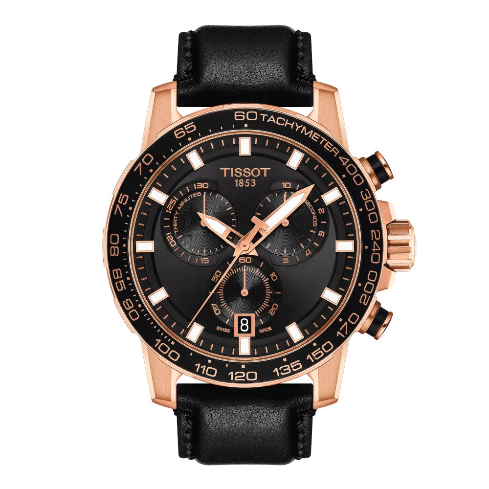 Tissot Supersport Chronograph Mens Rose Tone Black Dial Black Leather Strap Watch
