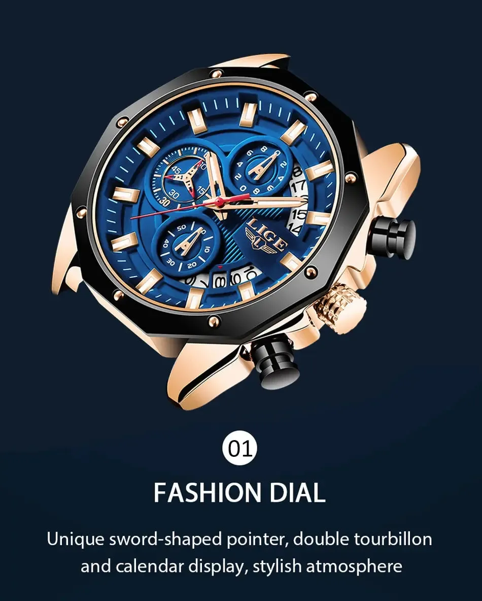 Top Brand Luxury LIGE Fashion Men Watches Sport Quartz Watch Date Clock Waterproof Wristwatch Chronograph Clock