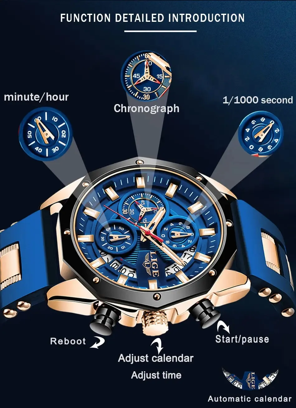 Top Brand Luxury LIGE Fashion Men Watches Sport Quartz Watch Date Clock Waterproof Wristwatch Chronograph Clock