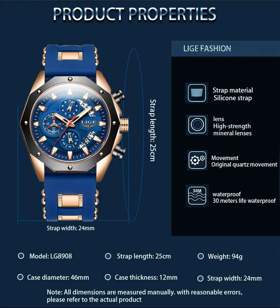 Top Brand Luxury LIGE Fashion Men Watches Sport Quartz Watch Date Clock Waterproof Wristwatch Chronograph Clock