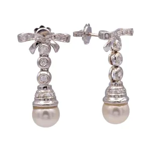 Vintage French 18K White Gold Cultured Pearl and Diamond Dangle Earrings